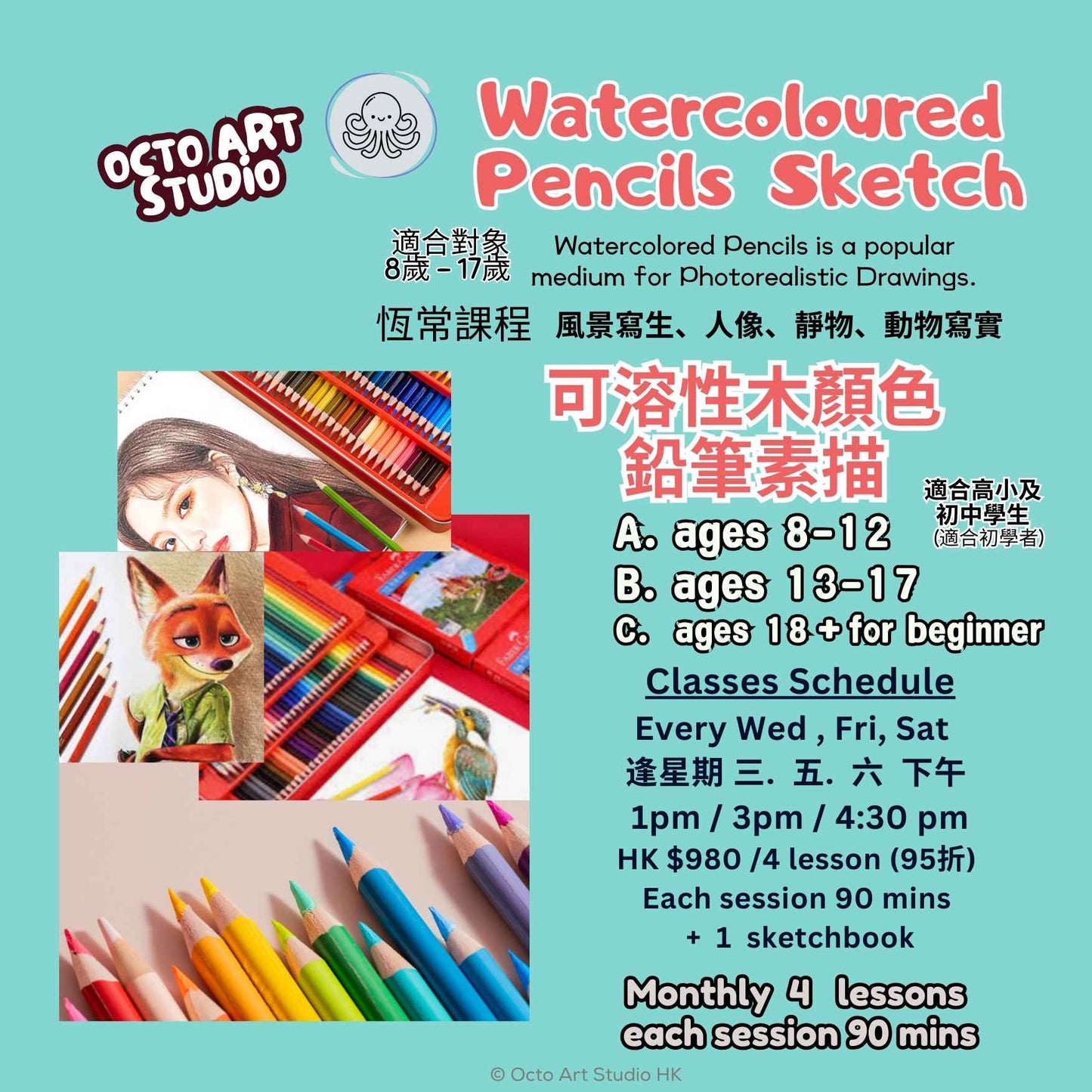 Watercoloured pencil sketching Course Ages 8+ (Monthly 4 lessons) 可溶性木顏色鉛筆素描課程 (恆常每月四堂)8歲或以上