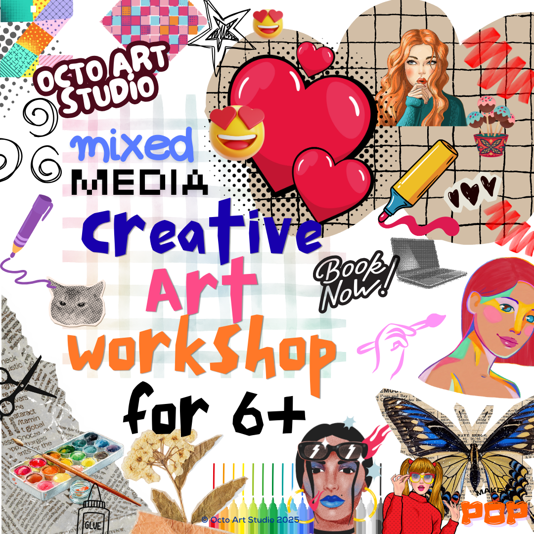 Promotional graphic for a mixed media creative art workshop with various artistic elements and text.