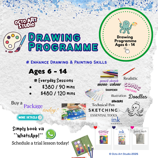 Promotional flyer for Octo Art Studio Drawing Programme for ages 6-14, featuring art supplies and pricing information.